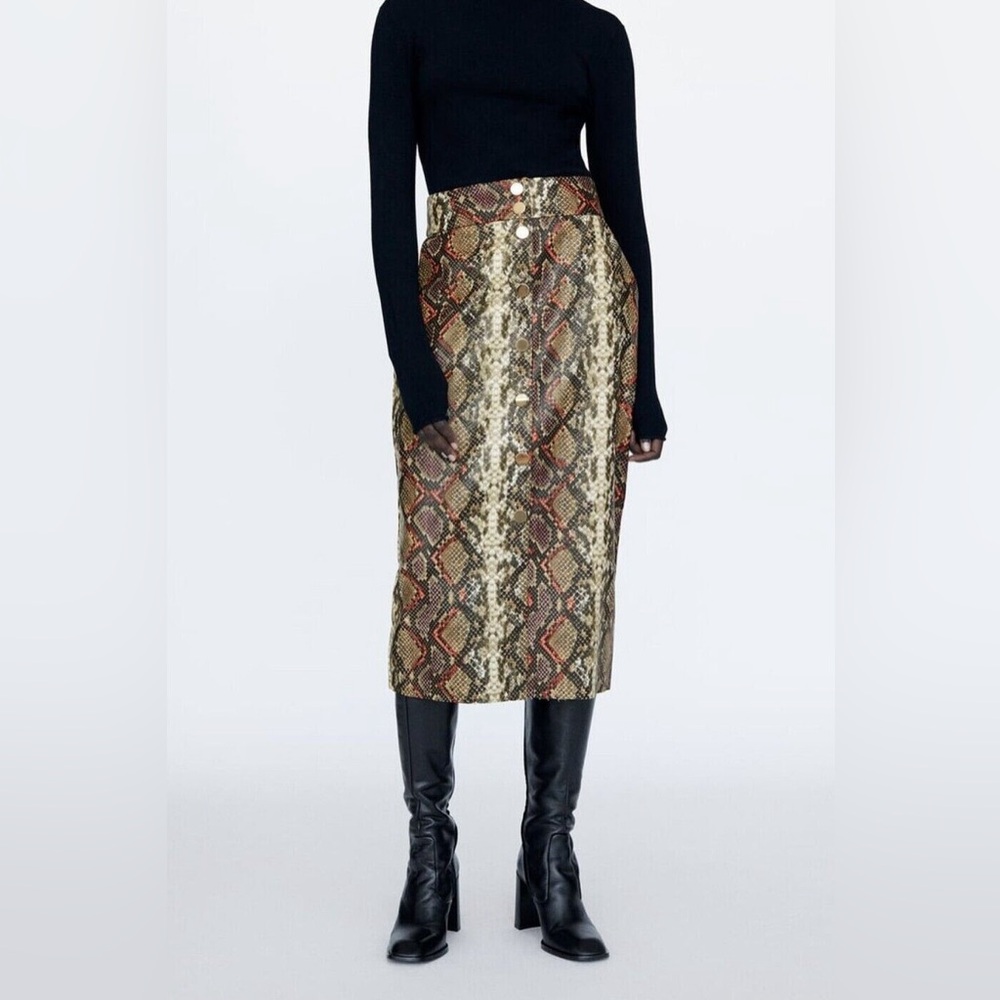NWT Zara High Waist Snakeskin Print Skirt Orange Brown Midi Size S Office Baddie - Picture 1 of 10